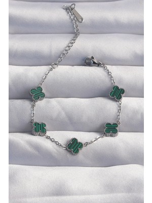 Uravas Store Çelik Baby Boy Gümüş Renk Çizgili Yeşil Mineli Yonca Bileklik