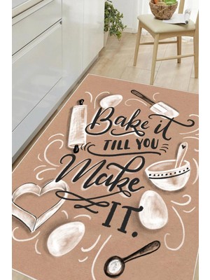 Pelura Halı Dijital Baskılı Dekoratif Kaymaz Taban Yıkanabilir Bake Make It Desenli Mutfak Halısı