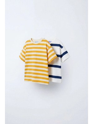 Magu Unisex Çocuk Pamuklu 2'li Çizgili Tişört Seti - Sarı ve Lacivert