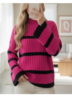 Moda Morfo Salaş Kollu Çizgili Triko Kazak -Fuşya