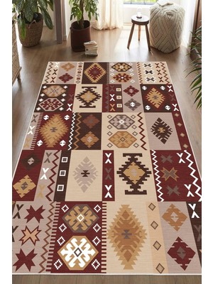 Pelura Halı Dijital Baskılı Dekoratif Kaymaz Taban Yıkanabilir Kilim Desen Salon Halısı Yolluk