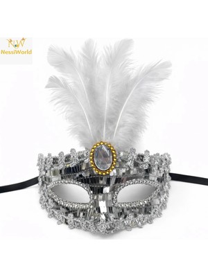Uravas Store Lüks Gümüş Tüylü Taşlı Balo Maskesi