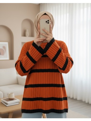 Modamorfo Salaş Kollu Çizgili Triko Kazak -Turuncu