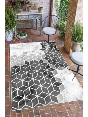 Pelura Halı Gri Geometrik Desen Baskılı Kaymaz Yıkanabilir Salon Oturma Odası Mutfak Antre Halısı Yolluk