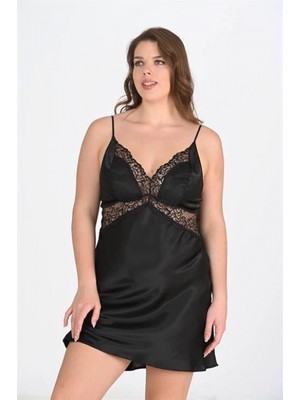 MiraLive Premium Büyük Beden Saten Dantel Işlemeli Siyah 2'li Gecelik Sabahlık Takımı Bigsize