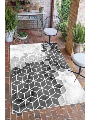 Pelura Halı Gri Geometrik Desen Baskılı Kaymaz Yıkanabilir Salon Oturma Odası Mutfak Antre Halısı Yolluk