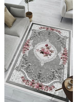 Pelura Halı Çiçek Desenli Gri Baskılı Kaymaz Yıkanabilir Salon Oturma Odası Mutfak Antre Balkon Halısı Yolluk
