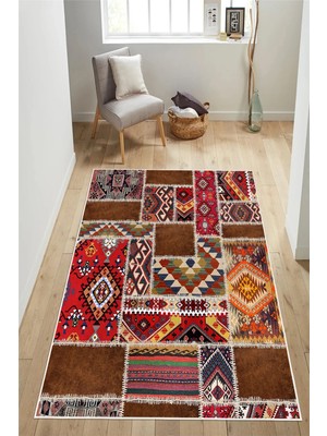 Pelura Halı Patchwork Kilim Desenli Baskılı Kaymaz Yıkanabilir Salon Oturma Odası Mutfak Antre Halısı Yolluk