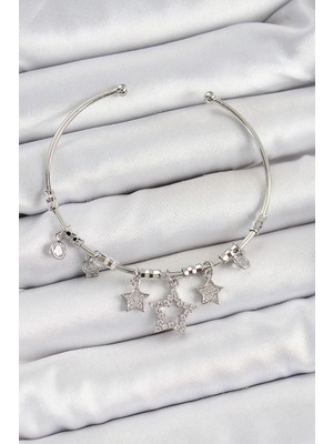 Uravas Store Pirinç Zirkon Taşlı Yıldız Model Gümüş Renk Charm Bileklik
