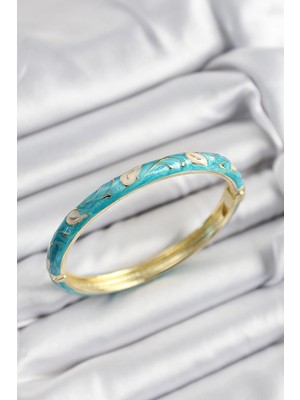 Uravas Store Mineli Pirinç Krem Turkuaz Yaprak Motifli Gold Renk Kadın Kelepçe