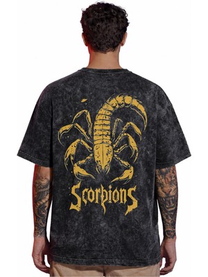 Sevbano Tasarım Scorpions Rock Metal Müzik Grubu Sırt Baskılı Unisex Oversize Eskitme Yıkamalı Tişört
