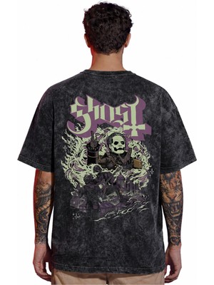 Sevbano Tasarım Ghost Rock Metal Müzik Grubu Sırt Baskılı Unisex Oversize Eskitme Yıkamalı Tişört
