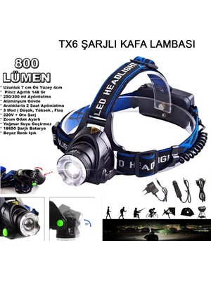 Uravas Store 800 Lümen Tx6 Şarjlı Zoomlu Kafa Feneri WT-120