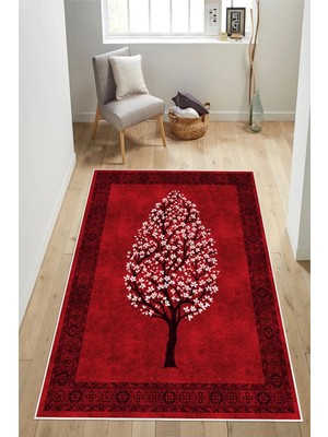 Pelura Halı Sakura Desenli Kırmızı Baskılı Kaymaz Yıkanabilir Salon Oturma Odası Mutfak Balkon Halısı Yolluk