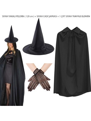 Uravas Store 120 cm Siyah Yakalı Cadı Pelerini Cadı Şapkası 1 Çift Siyah Kısa File Tüm Eldiven S