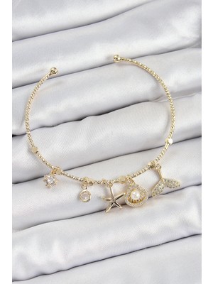 Uravas Store Pirinç Zirkon Taşlı Istiridye Deniz Yıldızı Model Gold Renk Charm Bileklik