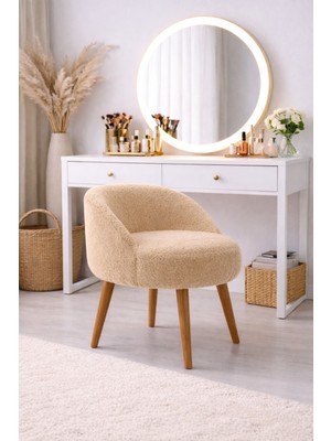 Eda Hacıoğlu Edam Bedding Group Bej Teddy Kumaş Dekoratif Berjer Puf Makyaj Masası