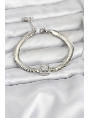 Uravas Store Çelik Gümüş Renk Baget Zirkon Taşlı Yılan Zincirli Kadın Bileklik