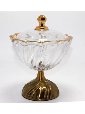 SHC4200 Metal Ayaklı Kristal Cam Şekerlik Gold Detaylı Sunumluk ALK4872