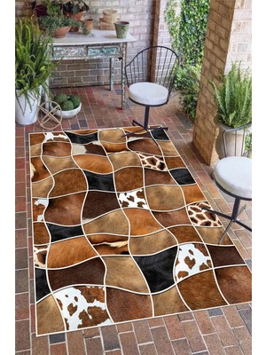 Pelura Halı Deri Patchwork Desenli Baskılı Kaymaz Yıkanabilir Salon Oturma Odası Mutfak Antre Halısı Yolluk