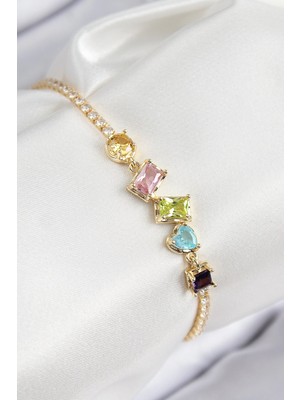 Uravas Store Pirinç Renkli Zirkon Taşlı Geometrik Model Gold Renk Kadın Bileklik