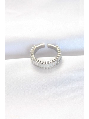 Buğz Sıralı Baget Taşlı Silver Renk Ayarlanabilir Yüzük