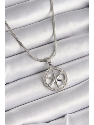 Buğz 316L Çelik Gümüş Renk Italyan Zincir Zirkon Taşlı Kutup Yıldız Model Kadın Kolye