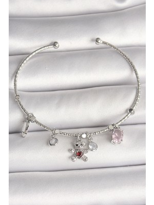 Buğz Pirinç Gümüş Renk Sallantı Zirkon Taşlı Ayıcık Figür Kırmızı Taş Detay Charm Kadın Bileklik