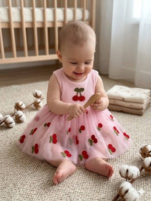 Aydede Kids Kiraz Nakışlı Tüllü Kız Bebek Body Elbise-Kabarık Tütü