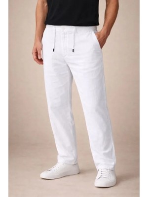 paris store Erkek Keten Cepli Pantolon Lastikli Bel Bağcıklı Önden Fermuarlı - Beyaz