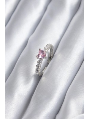 Buğz Gümüş Renk Zirkon Taşlı Pembe Kristal Kalp Model Kadın Yüzük