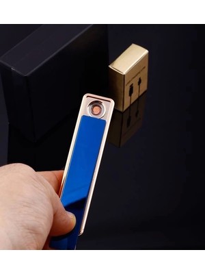 Buğz Şık Görünümlü USB Şarjlı Rezistanslı Ince Slim Metal Çakmak (Mavi)