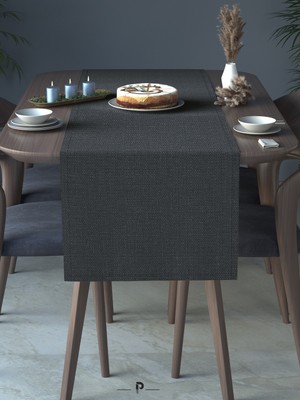 Perle Perle Home Keten Dokulu Runner Koyu Gri Renk Dekoratif Şık Runner Örtü