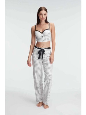 MiraLive Fantezi Bralet Sütyen Pamuklu Puantiye Desenli Desteksiz Dantel Detaylı Pijama Takımı