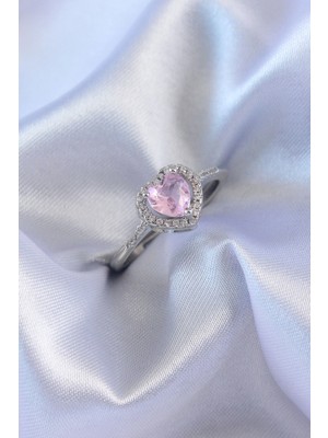 Buğz Gümüş Renk Pembe Zirkon Taşlı Kalp Charm Model Pirinç Kadın Yüzük
