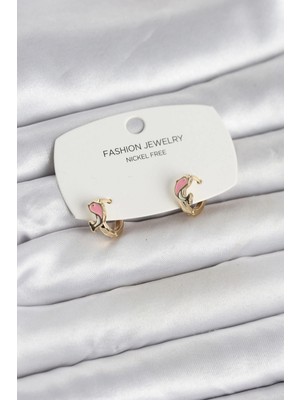 Buğz Pembe Yunus Balığı Model Gold Renk Pirinç Çocuk Küpe