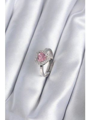 Buğz Pirinç Gümüş Renk Pembe Zirkon Taşlı Charm Model Kadın Yüzük