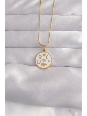 Buğz 316L Çelik Gold Renk Beyaz Mineli Karışık Figürlü Tarot Kolye
