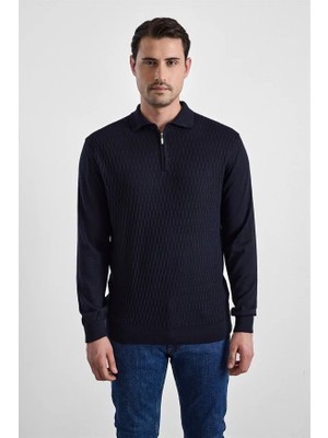 Süvari Siyah Regular Fermuarlı Polo Yaka Kazak