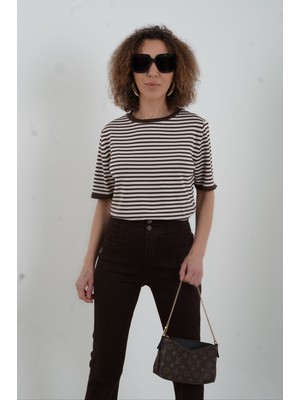 Zelish My Sister Kahve Bej Bisiklet Yaka Ince Çizgili Kısa Kol Kazak