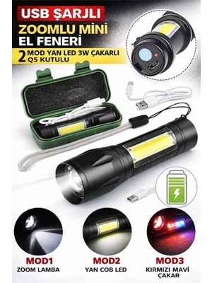 Buğz USB Şarjlı Zoomlu Mini El Feneri 3 Mod Yan Cob LED Çakar Q5 Güçlü Işık Kutulu