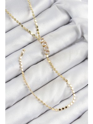 Buğz Pirinç Zirkon Taşlı Ezme Zincirli Model Gold Renk Y Kolye