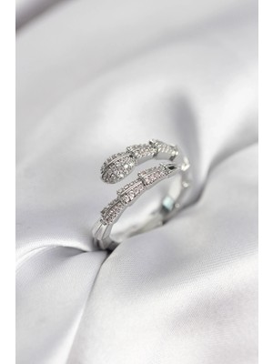 Buğz Gümüş Renk Zirkon Taşlı Yılan Model Kadın Yüzük