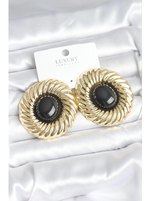 Buğz Pirinç Gold Renk Siyah Boncuklu Vintage Kadın Küpe
