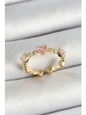 Buğz Pirinç Sıralı Kalp Figürlü Zirkon Taşlı Gold Renk Ayarlanabilir Kadın Yüzük