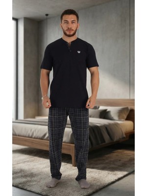 Işılay Erkek Kısa Kollu Düğme Detaylı %100 Pamuk Ekose Alt Pijama Takım-Ev Giyimi