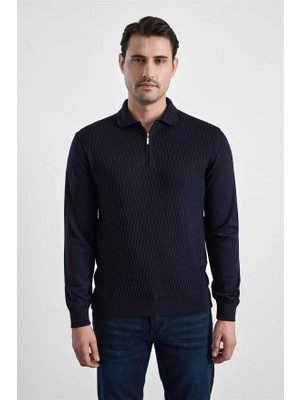 Süvari Lacivert Regular Fermuarlı Polo Yaka Kazak