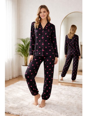 Miss Adella Kadın Düğmeli 4 Mevsim Dik Yaka Ince Desenli Eşofman Pijama Takımı