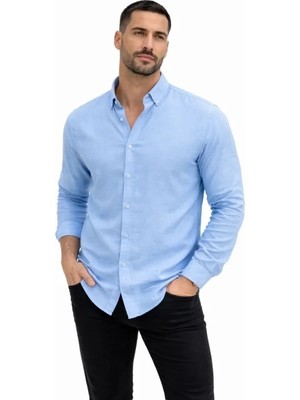 paris store Erkek Keten Kumaş Oversize Uzun Kollu Rahat Kalıp Gömlek - Açık Mavi