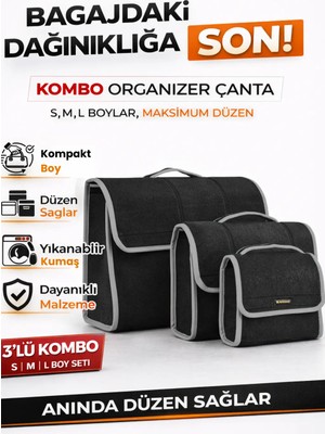 E-BİZ Oto Bagaj Organizer Bagaj Çantası 3'lü Kombo Boy Kaymaz Cırt Bantlı Velur Kompakt Düzenleyici